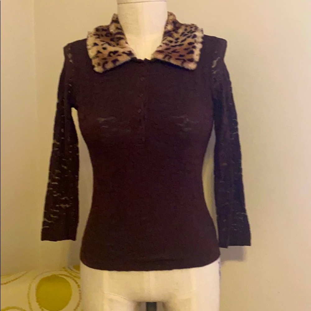 Moda International Faux fur collared lace blouse